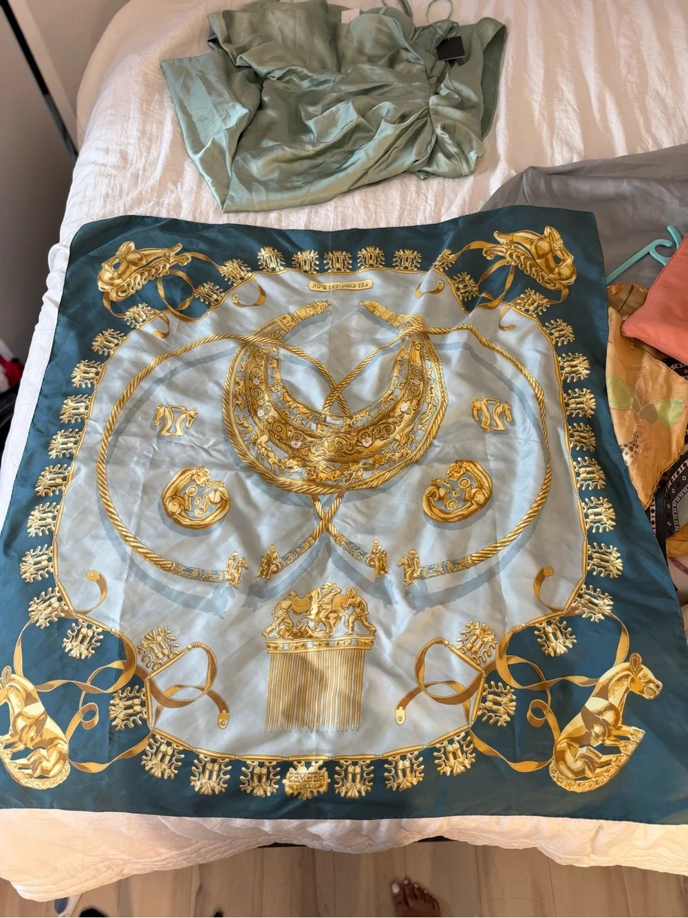Authentic Hermès Les Cavaliers D'Or Silk Scarf 90 Teal Gold Vintage
